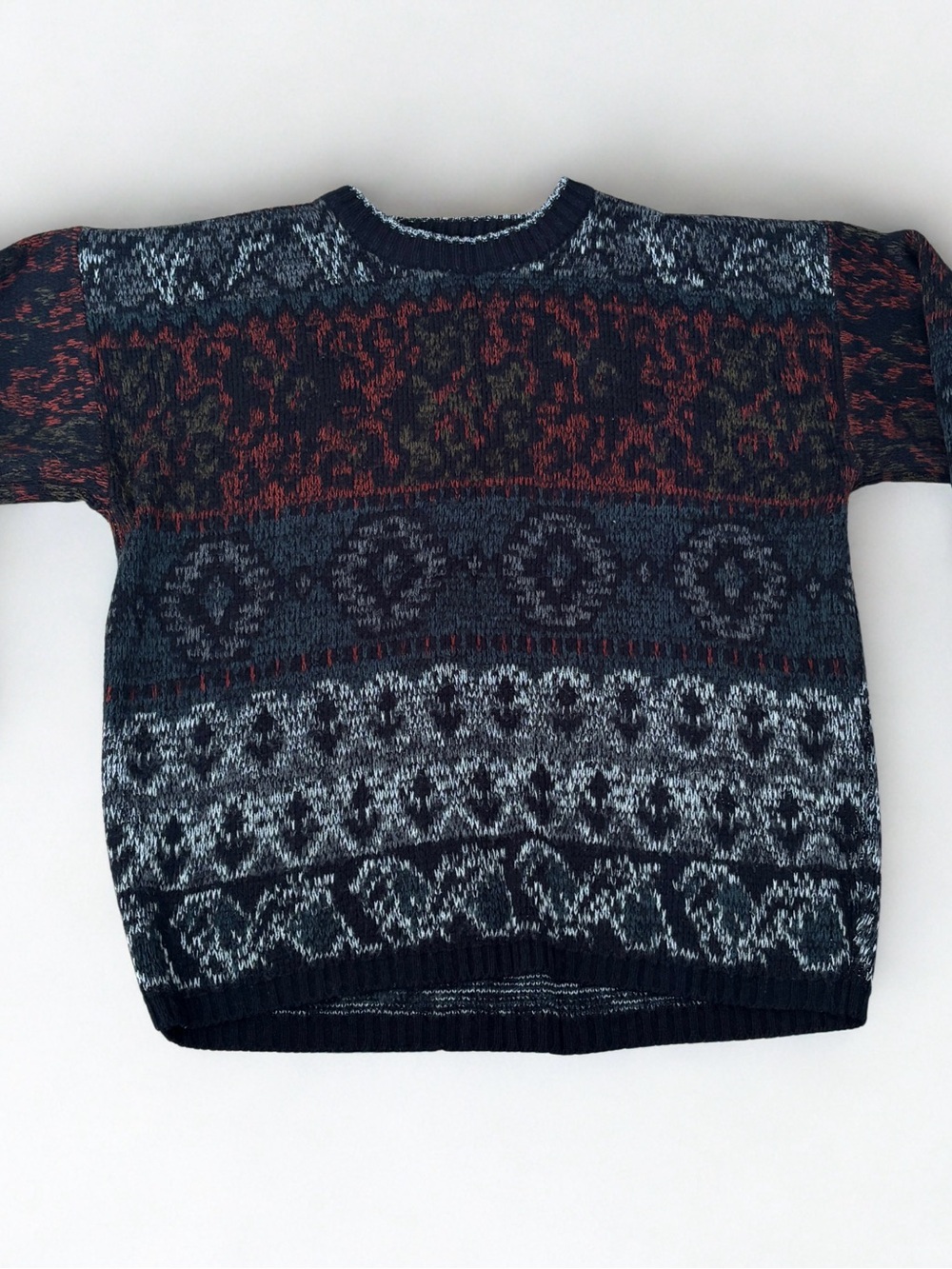 Vintage 80s 90s Abstract Geometric Knit Pullover Sweater Chunky Boho Indie L